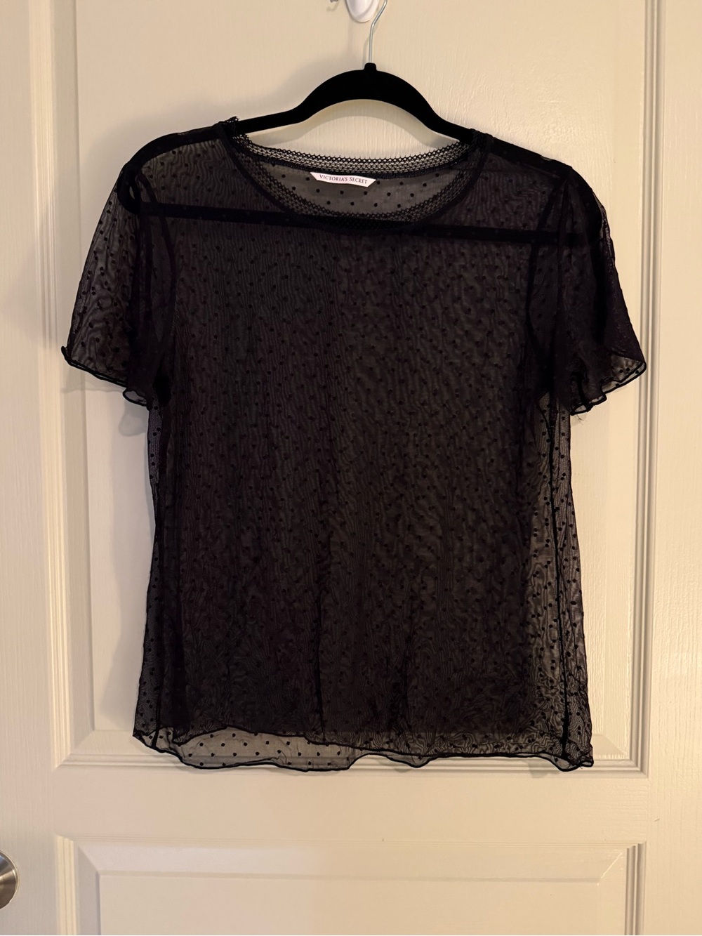 Victoria's Secret Black Sheer Dot Mesh Short Sleeve Top